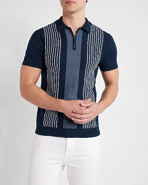 Striped Cotton Short Sleeve Zip Polo Sweater | Express