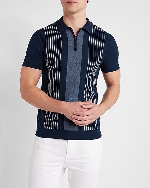 Striped Cotton Short Sleeve Zip Polo Sweater | Express