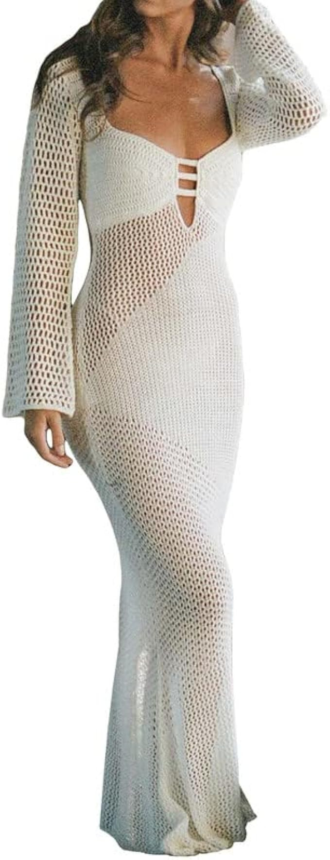 Sastianaen Women Crochet Knit Maxi Dresses Y2k Long Sleeve Open Back Dress Sexy Hollow Out Bodyco... | Amazon (US)