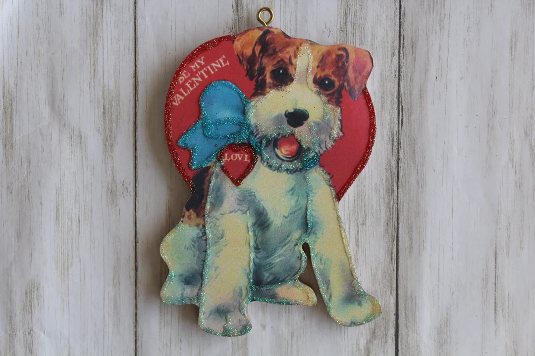 Wired Haired Fox Terrier With Hearts Valentine Ornament Vintage Card Image Glitter and Wood Holid... | Etsy (US)