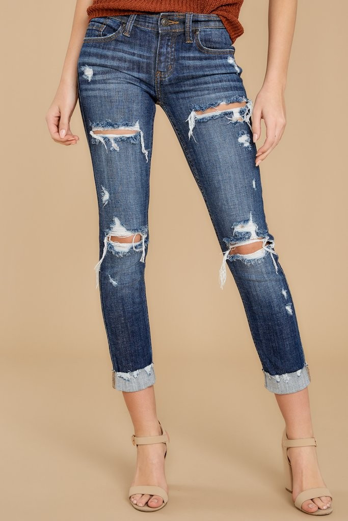 Going Viral Dark Wash Distressed Skinny Jeans | Red Dress 