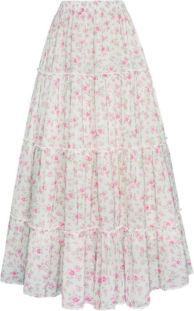 Scarlet Darkness Floral Maxi Long Skirts for Women Summer 2026 Tiered Skirt Flowy Boho Fairy Skir... | Amazon (US)