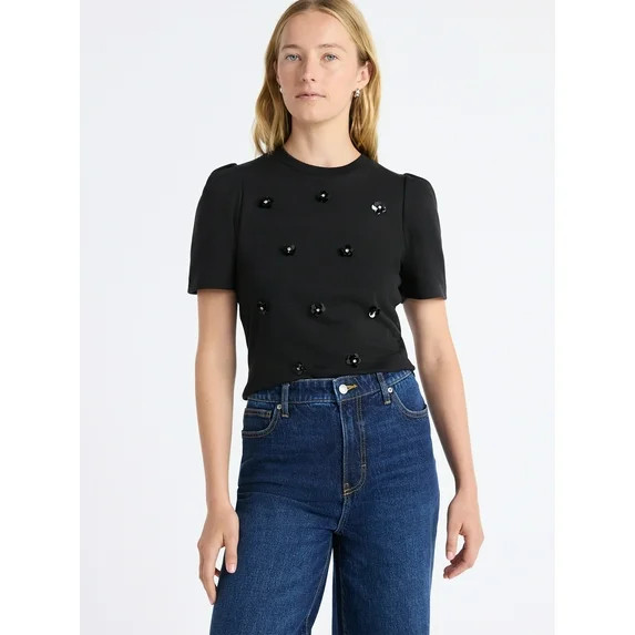 Free Assembly Women's and Women's Plus Embellished Pleat Shoulder Top with Short Sleeves, Sizes X... | Walmart (US)