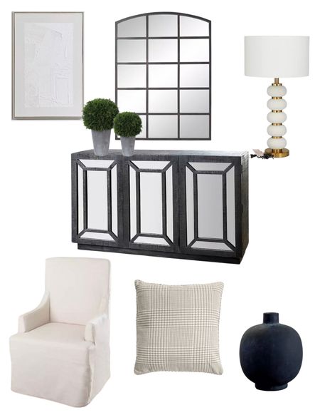 Modern home, neutral, black and white, designer, topiary, buffet, cabinet, throw pillow, vase, mirror, abstract art, table lamp, dining chair, houndstooth, textured art, farmhouse, mirrored cabinet, Chris loved Julia 


#LTKhome #LTKFind