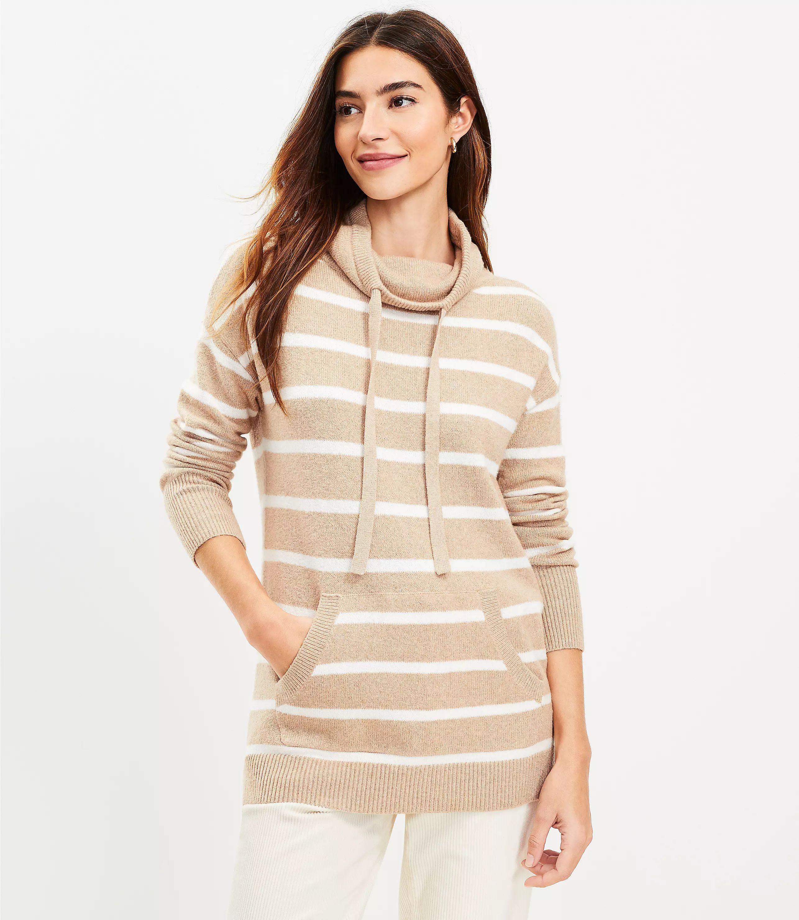 Striped Pocket Cowl Neck Tunic Sweater | LOFT