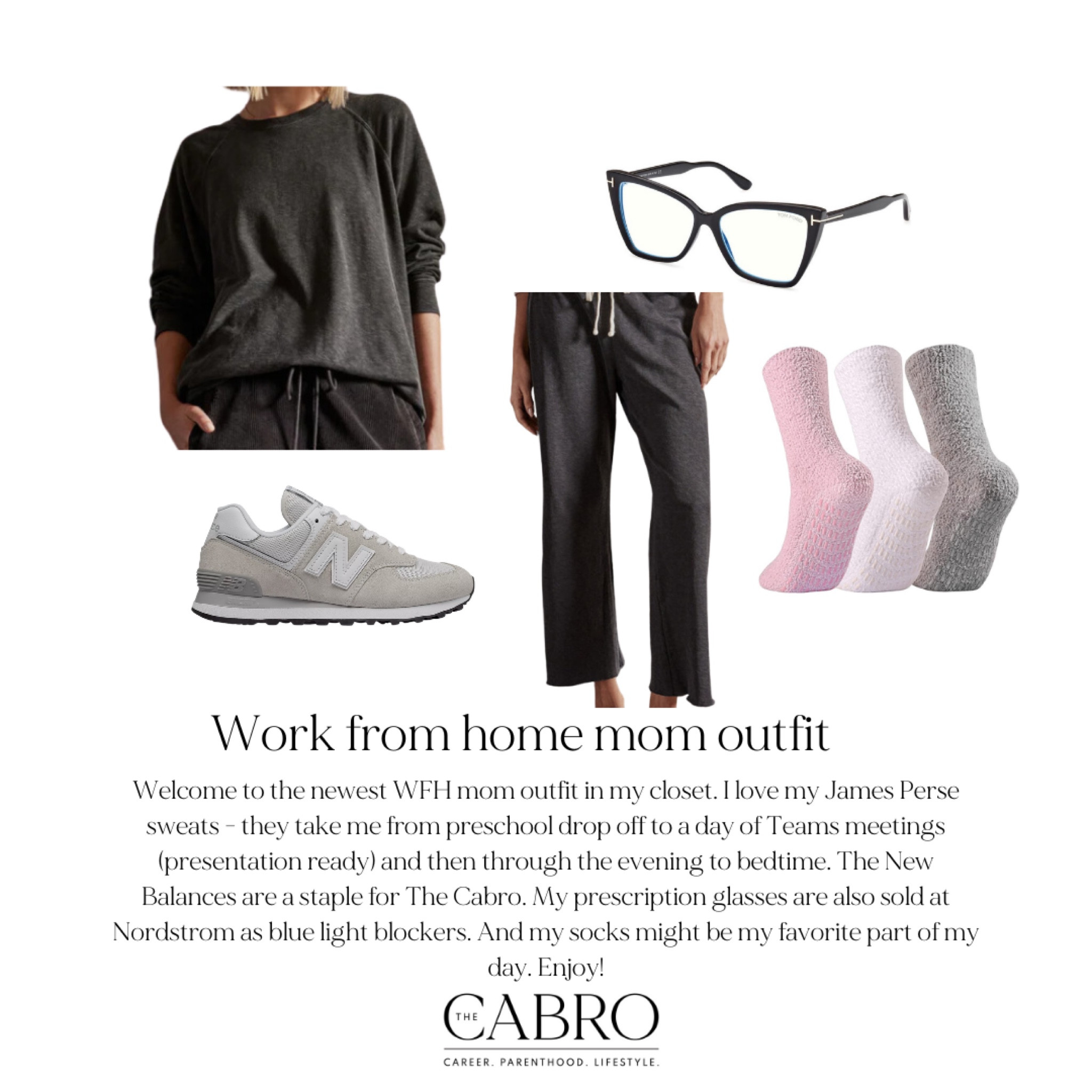 Welcome to the newest WFH mom outfit in my closet. I love my James Perse sweats - they take me from preschool drop off to a day of Teams meetings (presentation ready) and then through the evening to bedtime. The New Balances are a staple for The Cabro. My prescription glasses are also sold at Nordstrom as blue light blockers. And my socks might be my favorite part of my day. Enjoy!

#LTKover40 #LTKworkwear #LTKstyletip