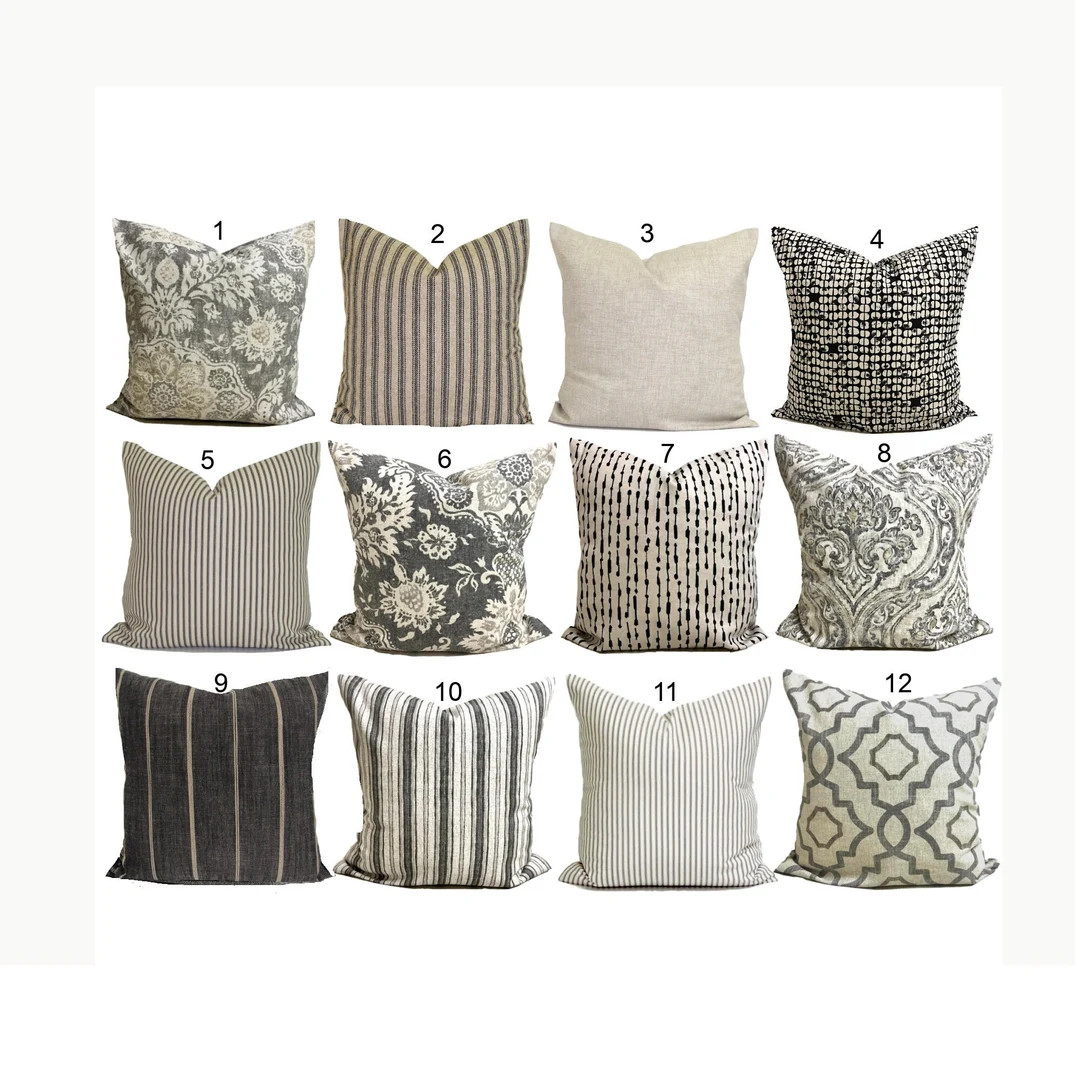 FARMHOUSE PILLOWS, Black Pillow Covers, Brown Pillow Covers, Charcoal Ticking Throw Pillow Covers... | Etsy (US)