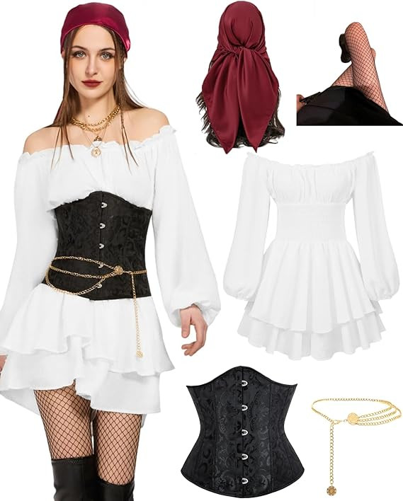 kasahara Pirate Costume Dress Women with Boned Underbust Waist Corset Bandana Pirate Sexy Costumes Accessories 5pcs | Amazon (US)