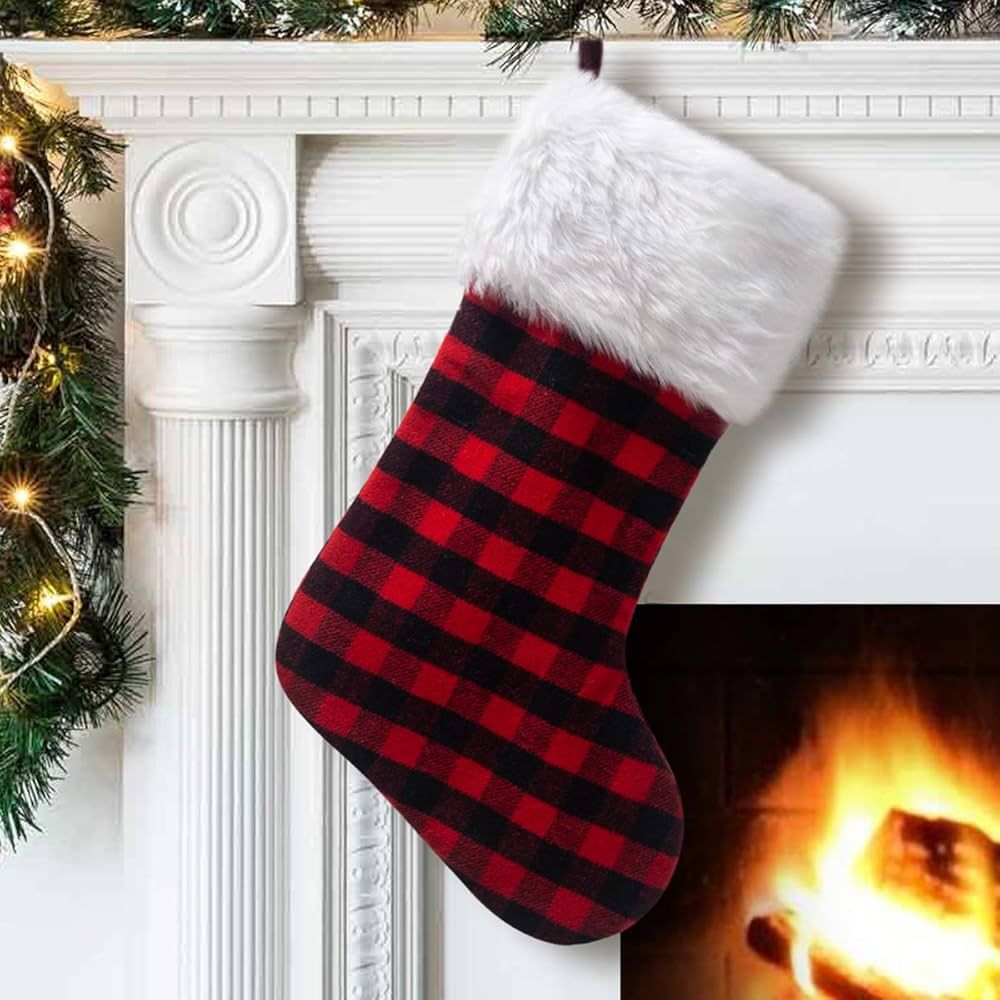 S-DEAL Red and Black Plaid Christmas Stocking Double Layers Gift Holder White Plush Cuff 21 Inche... | Amazon (US)
