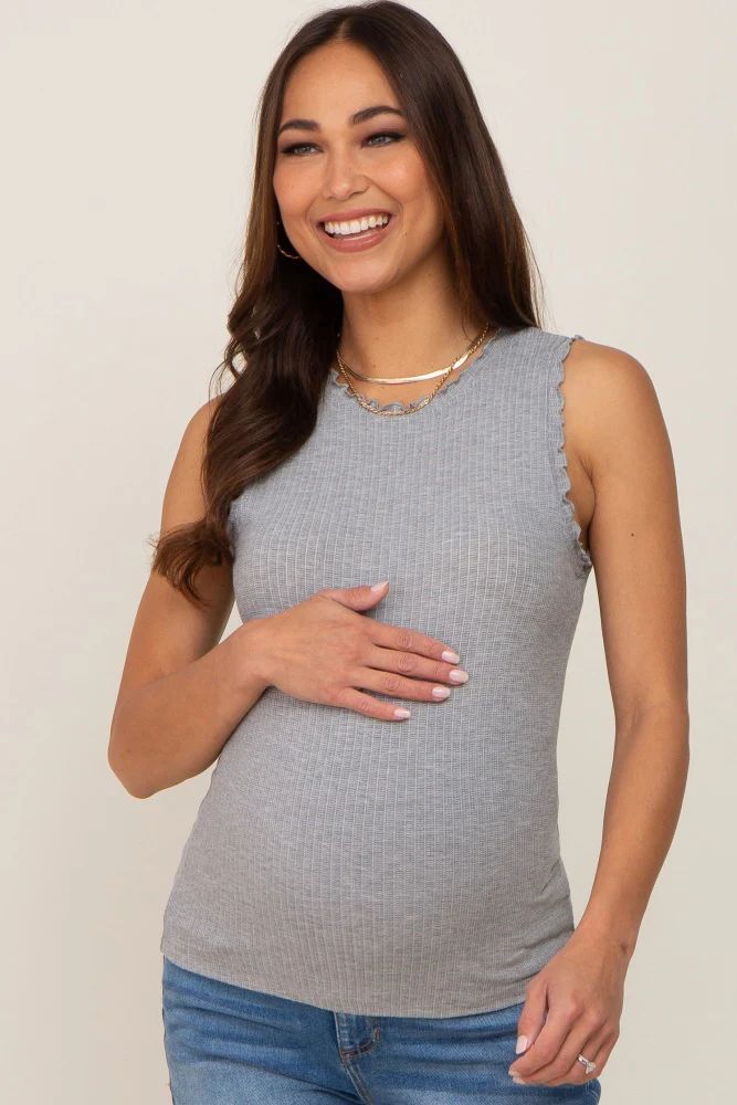 Heather Grey Rib Knit Lettuce Trim Maternity Tank Top | PinkBlush Maternity