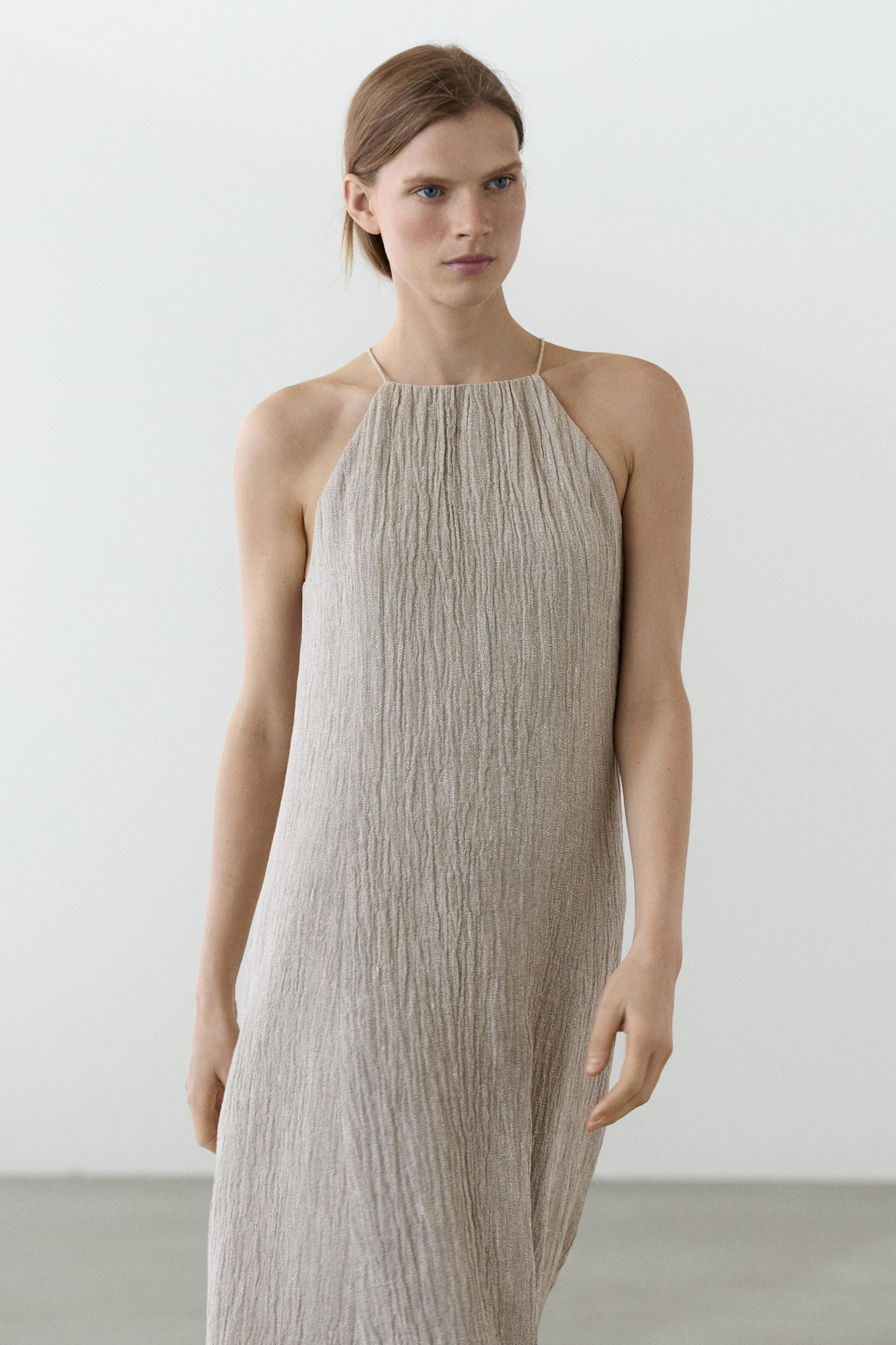 Flowing linen blend dress with gathered neckline | Massimo Dutti US
