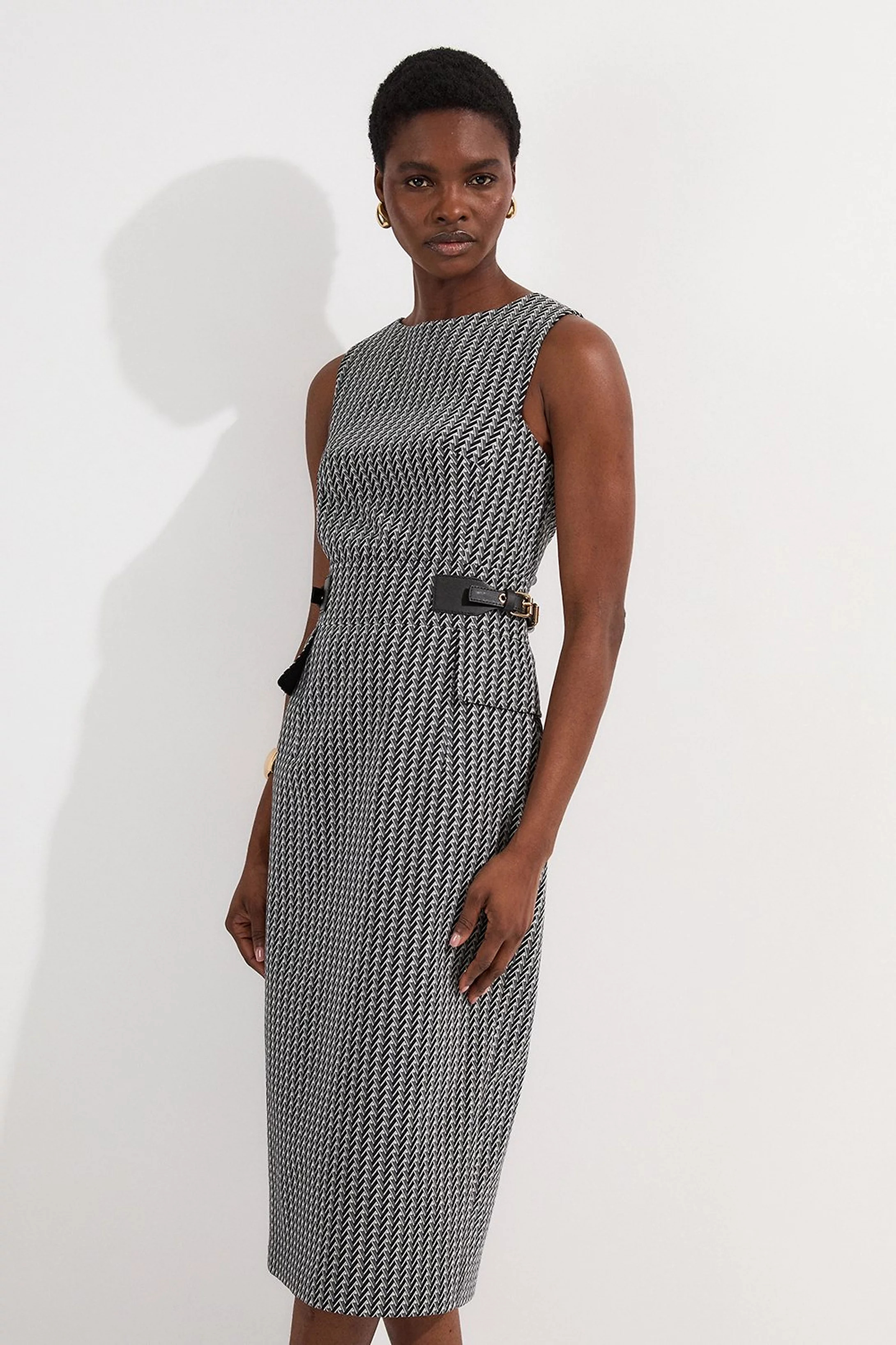 Jacquard Tab Waist Detail Tailored Midi Dress | Karen Millen US