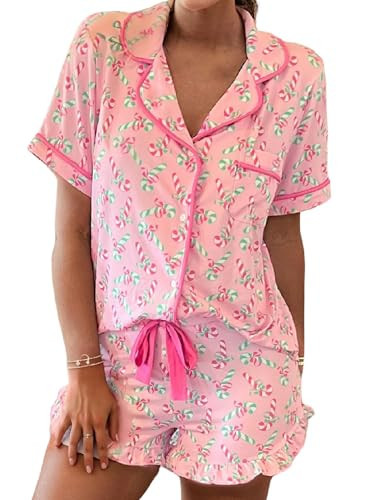 NJWTSDTZ Women Christmas Pajama Set Pink Candy Cane Print Pjs Pocketed Knotted Lounge Sets Short Sleeve Xmas Top and Shorts(Pink,Medium) | Amazon (US)
