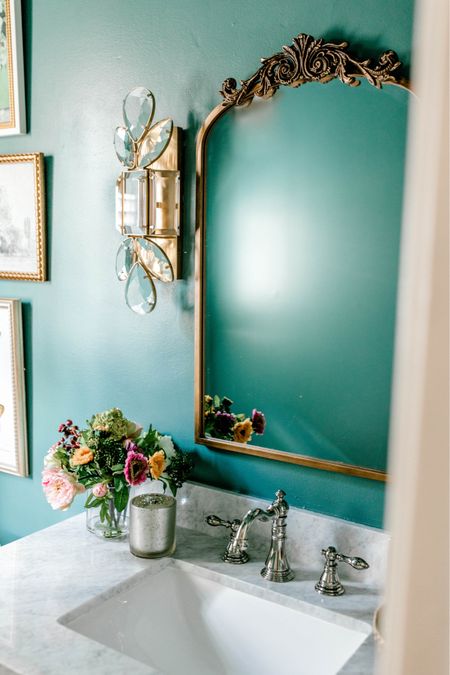 Powder bath mirror aged gold mirror, affordable mirror, gold mirror, polished nickel faucet, affordable faucet, silver faucet powder, bath, faucet, bathroom, faucet, pho, florals, bathroom, design, Lloyd, sconces, Kate Spade, lighting, visual, comfort, lighting, crystal sconces, designer sconces

#LTKStyleTip #LTKHome #LTKSaleAlert
