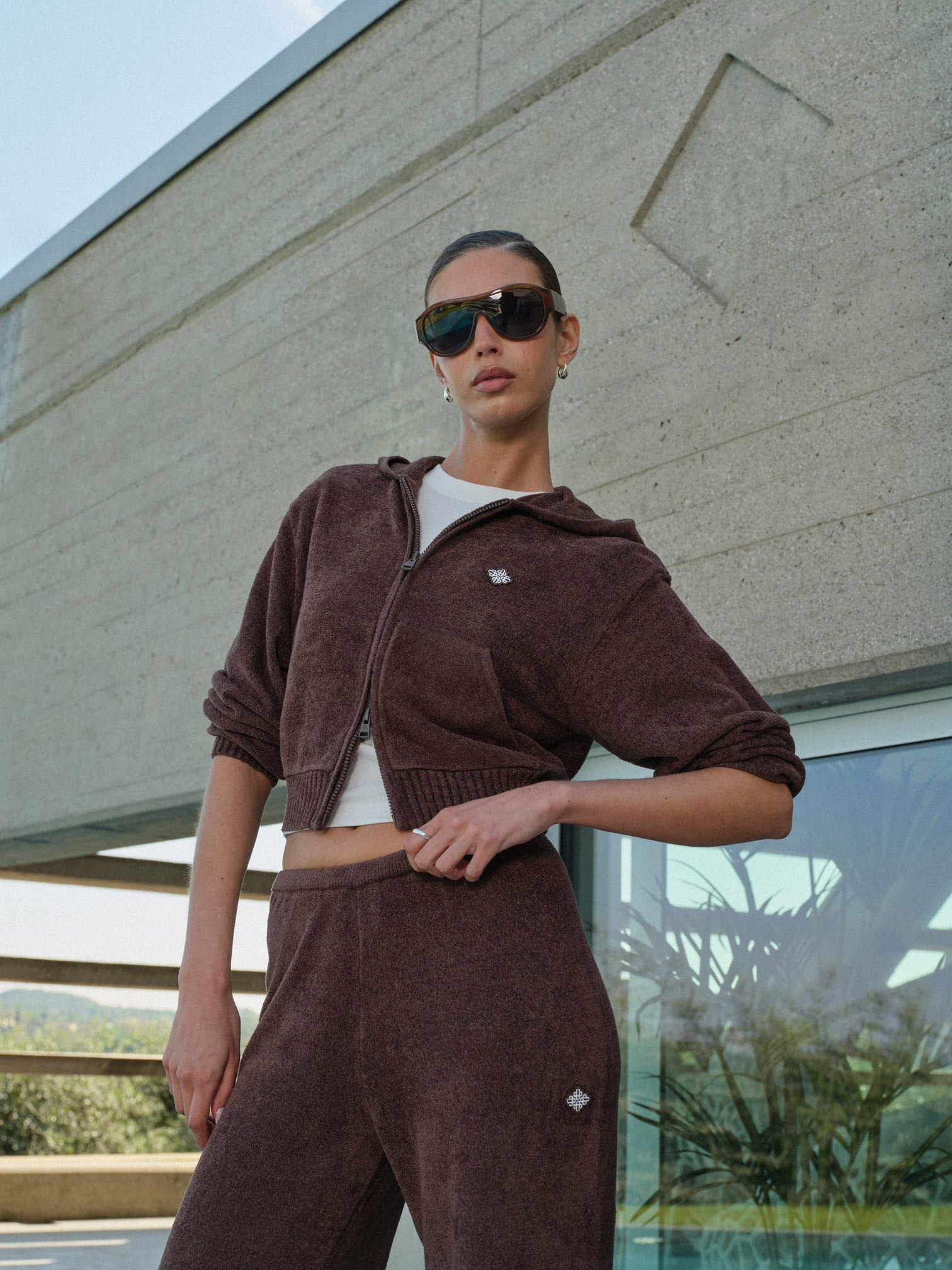 TOWELLING ZIP THROUGH HOODIE - CHOCOLATE | The Couture Club