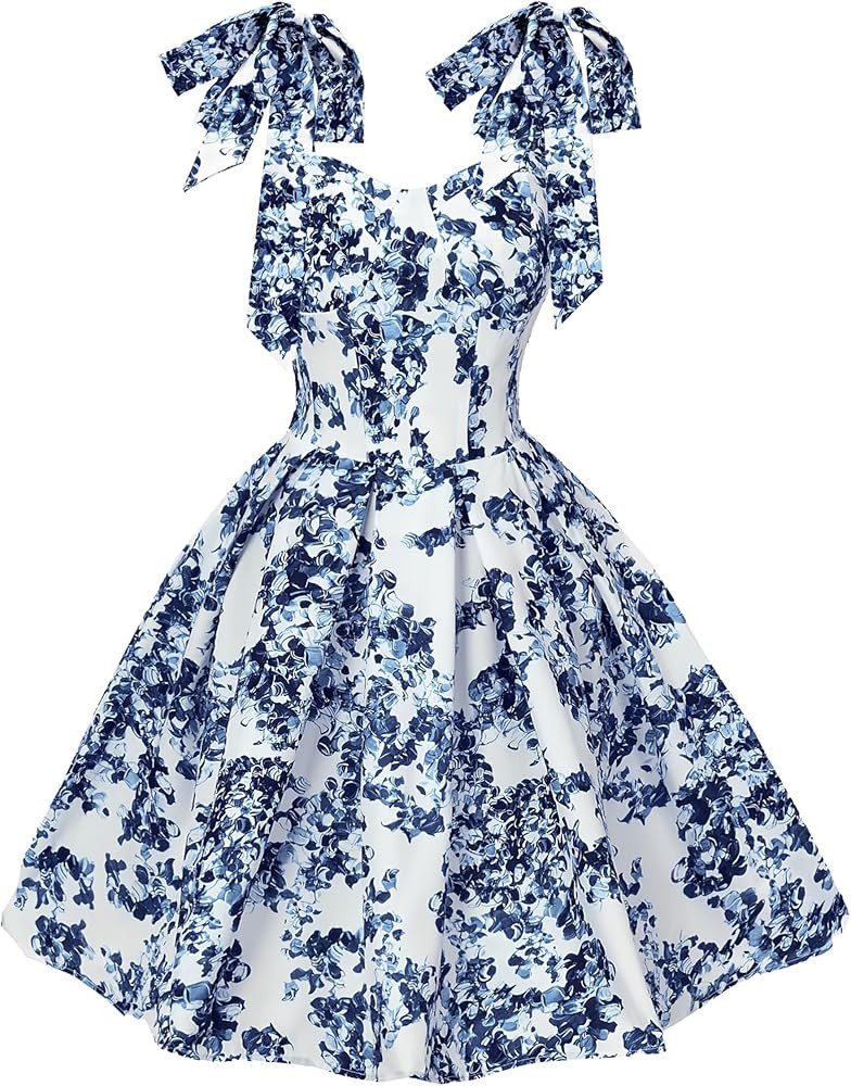 Garden of Eden Floral Print Bow Straps Princess Flared Mini Dress | Amazon (US)