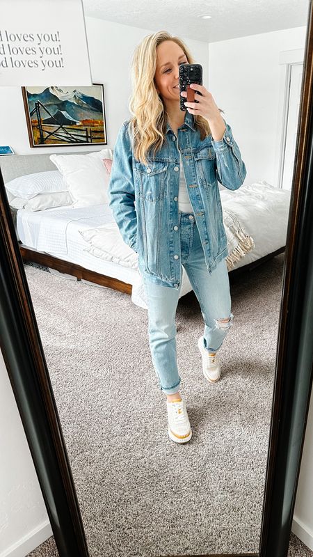 Casual denim on denim outfit!

Denim jacket: Gap
TTS for oversized fit
Mine is old but I linked one that is almost identical!

V-neck: Express
TTS for a tight fit 
A great v-neck, but you do need an undershirt because it’s a little see through 

Jeans: Gap
TTS 
The perfect cheeky high rise jean!

Sneakers: Target
TTS
Target ones are currently sold out but I found another pair that at every similar! Just a little more expensive. 

#LTKstyletip #LTKfit #LTKunder100
