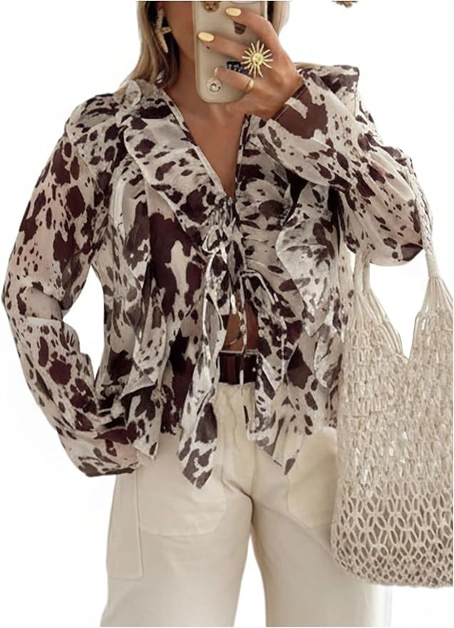 GORGLITTER Women's Cow Print Ruffle Tops Y2k Tie Front Chiffon Shirt Tops V Neck Long Sleeve West... | Amazon (US)
