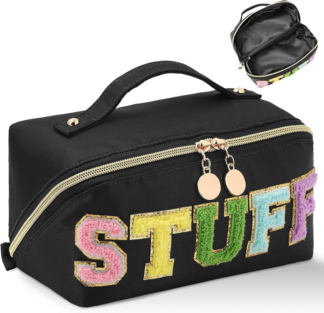 Stoney Clover Preppy Makeup Bag, Large Capacity Travel Cosmetic Bag, Chenille Letter Open Flat Ny... | Amazon (US)