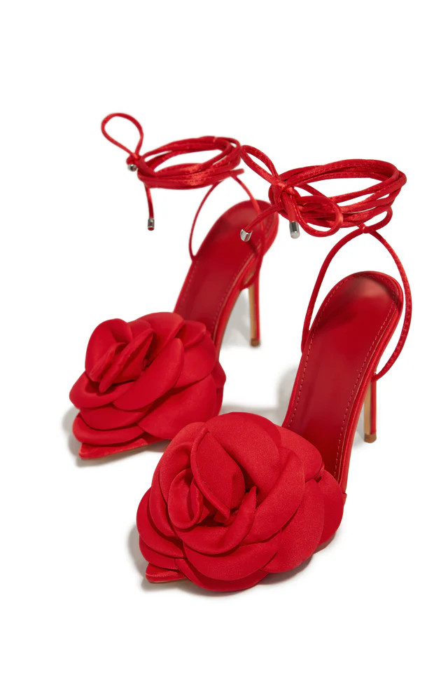 Miss Lola | In-Bloom Red Floral Lace Up High Heels | MISS LOLA