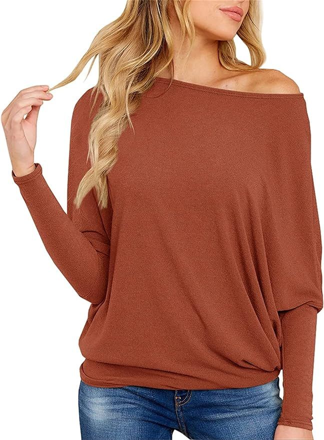 Imysty Womens Off The Shoulder Tops Batwing Long Sleeve Casual Fall Oversized T Shirts Tunic Top | Amazon (US)