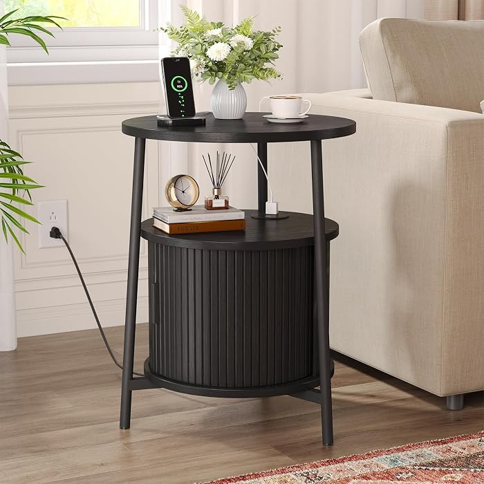 Round Side Table with Charging Station, Black | Amazon (US)