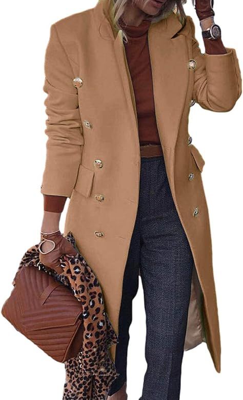 Amazon.com: BZB Women's Elegant Notched Collar Double Button Slim Long Wool Blend Pea Coat Jacket... | Amazon (US)