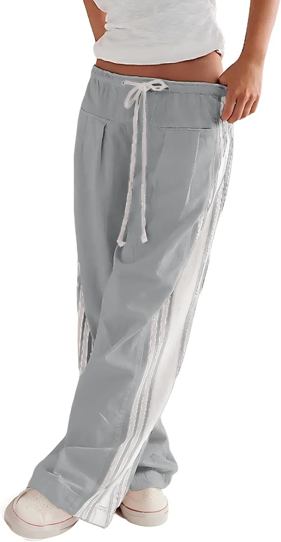 Hongsui Women's Wide Leg Pants Drawstring High Rise Side Striped Slouchy Palazzo Pants with Pocke... | Amazon (US)