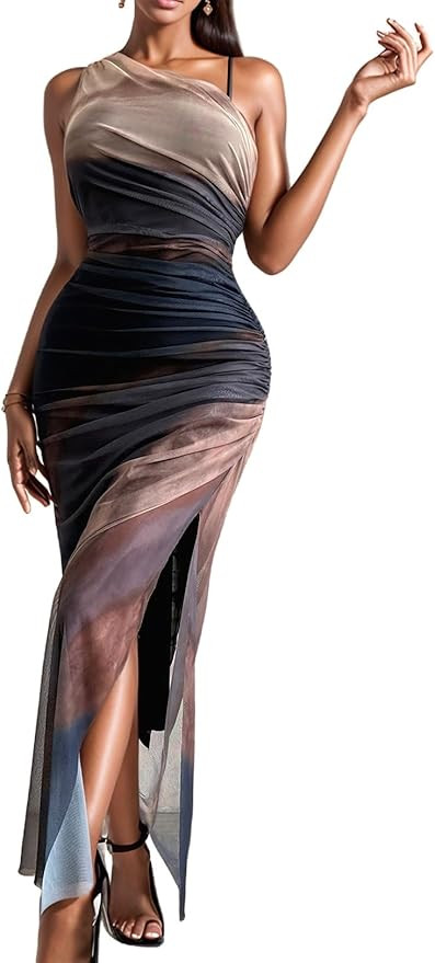 WDIRARA Women's One Shoulder Mesh Ruched Maxi Dress Tie Dye High Slit Bodycon Dresses | Amazon (US)