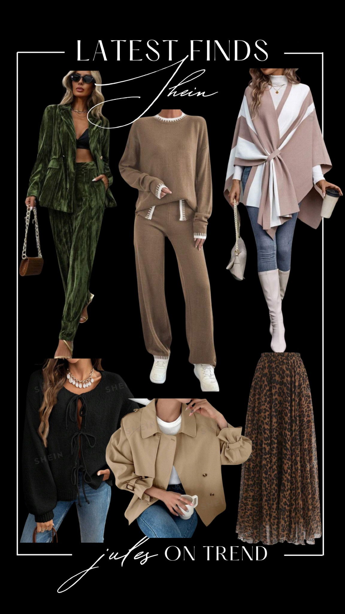 Fall finds from Shein. 

This two piece green velvet suit screams holiday parties/holiday events. 

Also love me a cozy set. 

Tie front tops are really popular this year, but this black sweater version is my fave! 

Leopard is a hit for fall/winter. I will pair this skirt with a burgundy pullover and black knee high boots. 

Ponchos are the easiest article of clothing you can use to put a fall outfit together (throw it over a long sleeve top and wear with jeans, skirts, or faux leather leggings. Finish off the outfit w/boots, heels, or sneakers depending on comfort level. 

All under $35. 

Tip: Always check the size chart and reviews for Shein. Sizes range big time. For example, I just got the leopard skirt and sized up to an XL. I sized down on the cropped trench coat to a medium. 

#LTKStyleTip #LTKFindsUnder50 #LTKMidsize