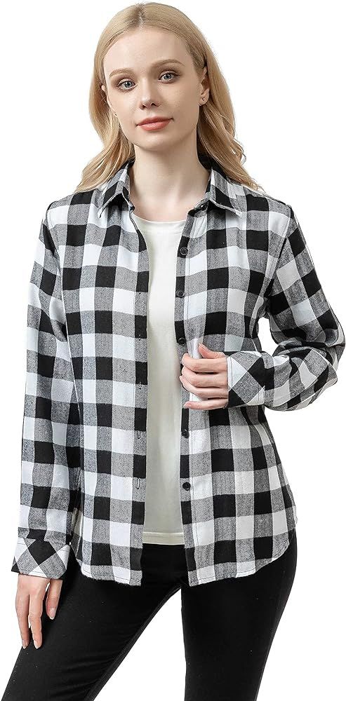 Women's Flannel Plaid Shirt Long Sleeve Tops Button Down Buffalo Blouse Cotton Jacket Classic Fit Tu | Amazon (US)