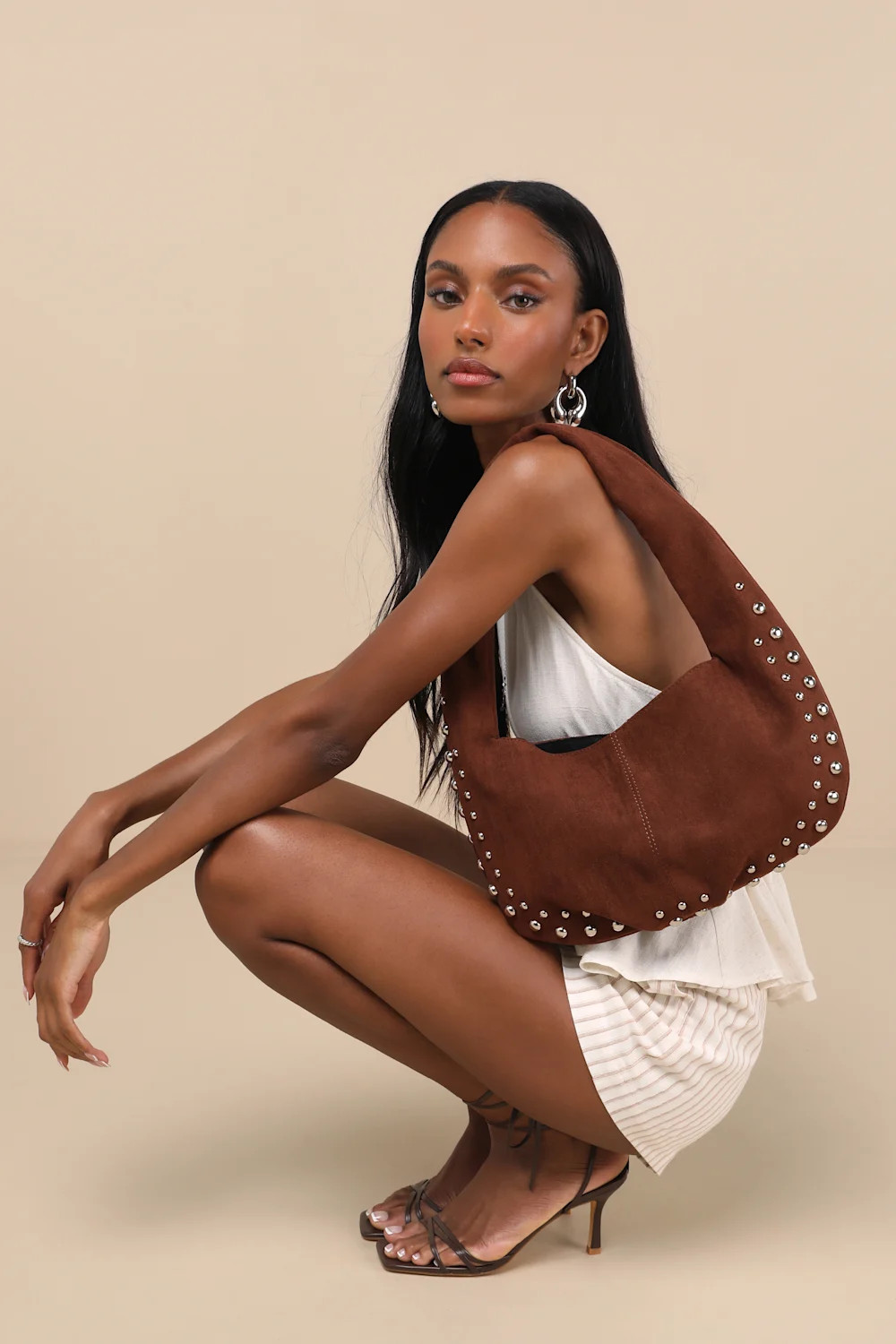Artea Brown Suede Studded Shoulder Bag | Lulus