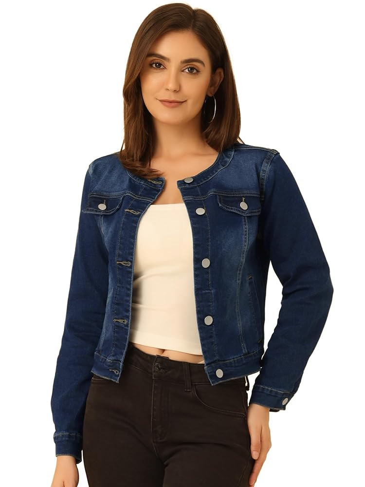 Allegra K Women's Denim Jacket Collarless Round Neck Button Down Long Sleeve Jean Jackets | Amazon (US)