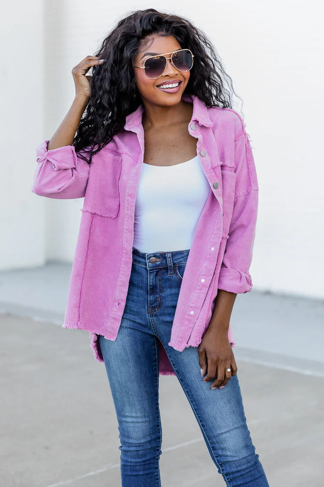 Keep Me Grounded Purple Frayed Edge Cord Shacket FINAL SALE | Pink Lily