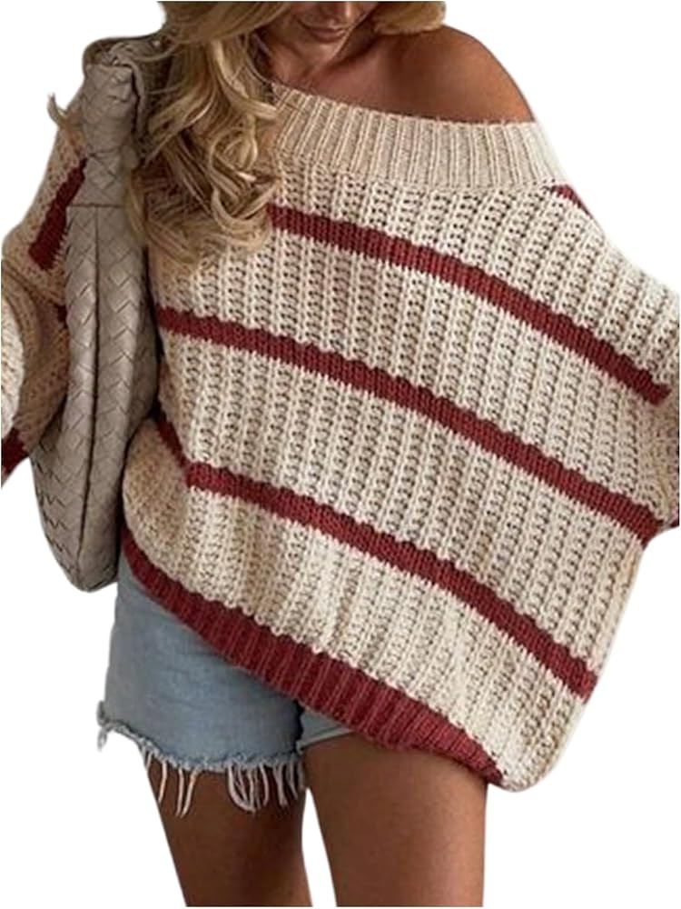MakeMeChic Women's Off The Shoulder Sweater Striped Long Sleeve Knit Chunky Pullover Oversized Sw... | Amazon (US)