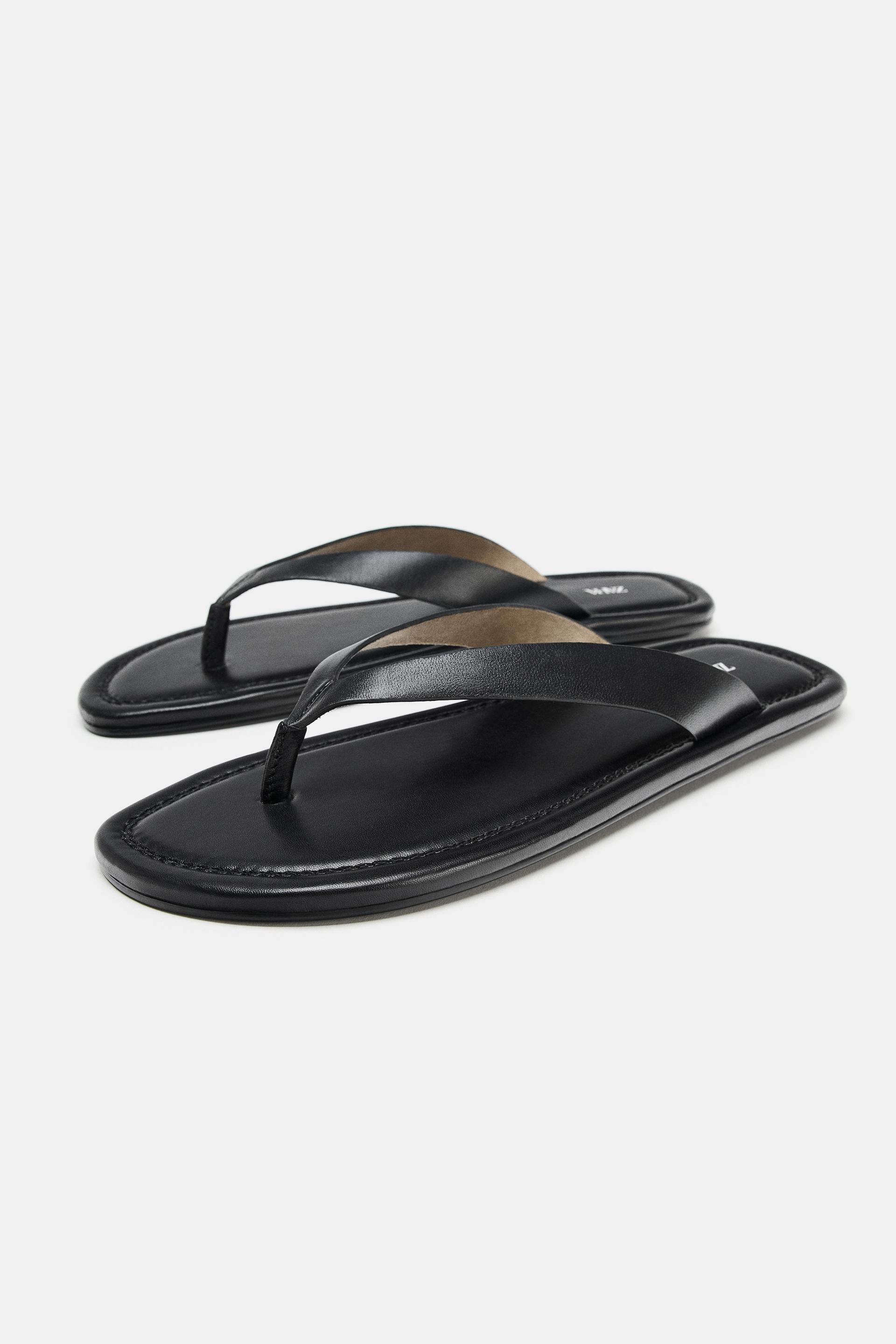 Zara - Flat Leather Sandals - Black - 5 - Woman | Zara US