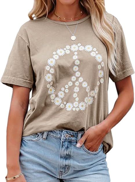 JeimPoey Women Peace Sign T-Shirt Flower Print Graphic Tees Daisy Pattern Floral Loose Novelty Sh... | Amazon (US)