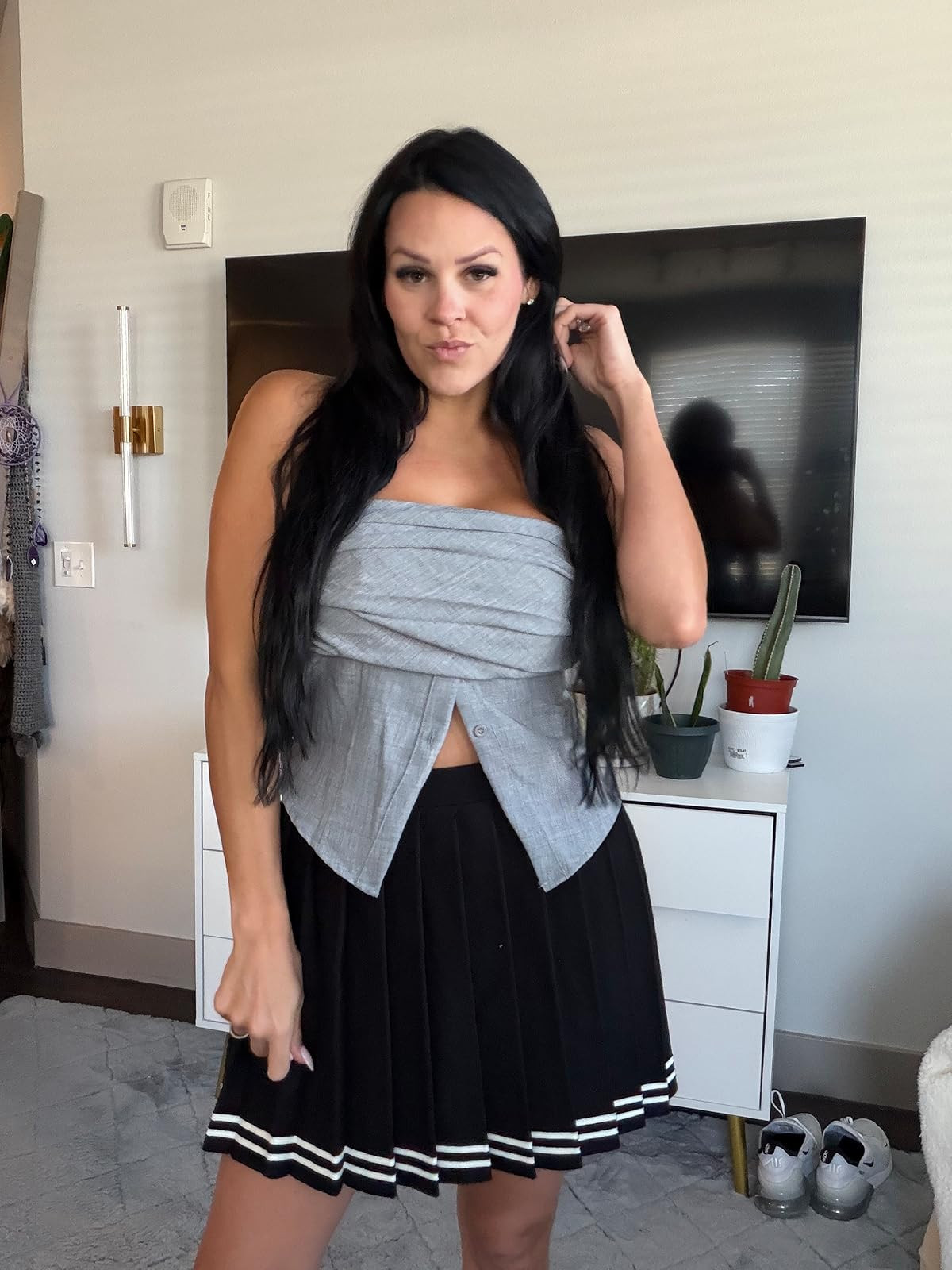 Grey strapless top & pleated mini skirt combo. Shop the look! #ootd #ltkfashion #summerstyle 

 #LTKdayinmylife #LTKootd #LTKSaleAlert