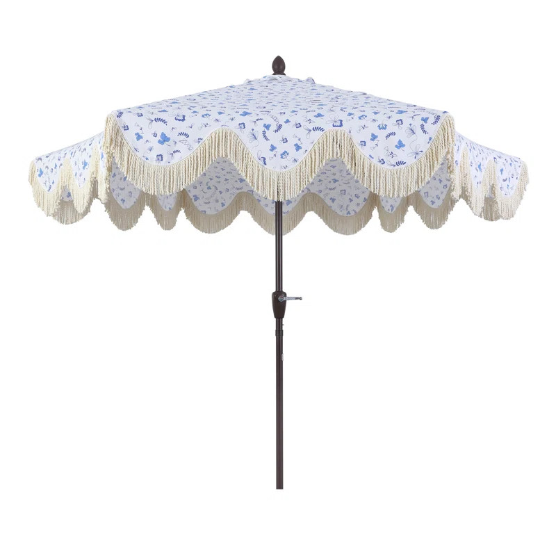 Teretha 9 ft. Classic Cottage Tassel Market Patio Umbrella with Auto-Tilt, Crank, and UV Protecti... | Wayfair North America