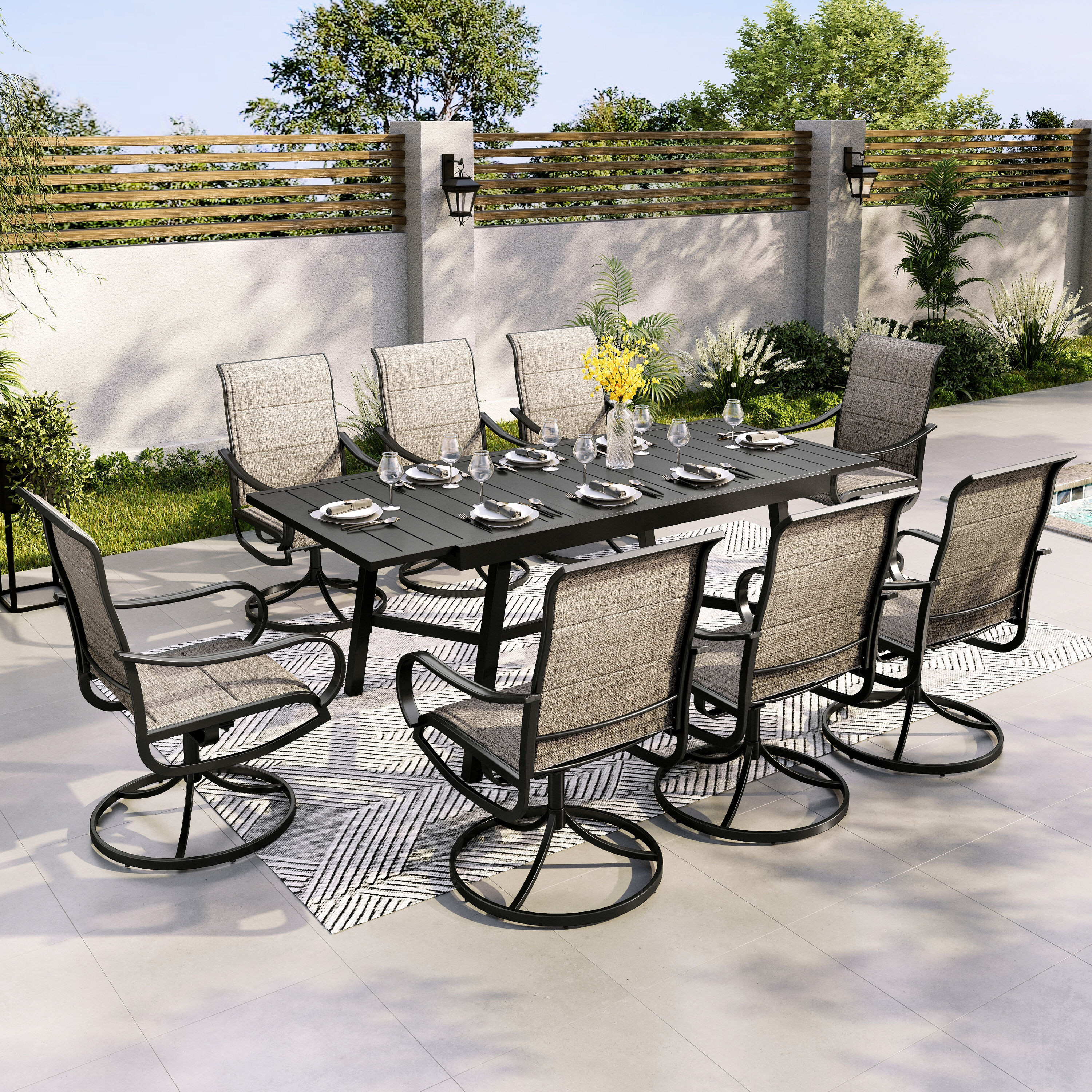 Sunshine Valley Outdoor Table and Chairs 9 -Piece Black Patio Dining Set Extendable Table Steel Rectangle Table with 8 Gray Swivel Chairs one_size | Lowe's