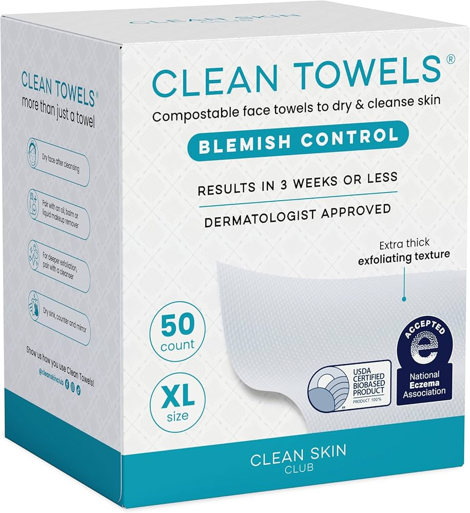 Clean Skin Club Blemish Control Clean Towels® XL, Compostable Face Towels, Light Exfoliation for... | Amazon (US)