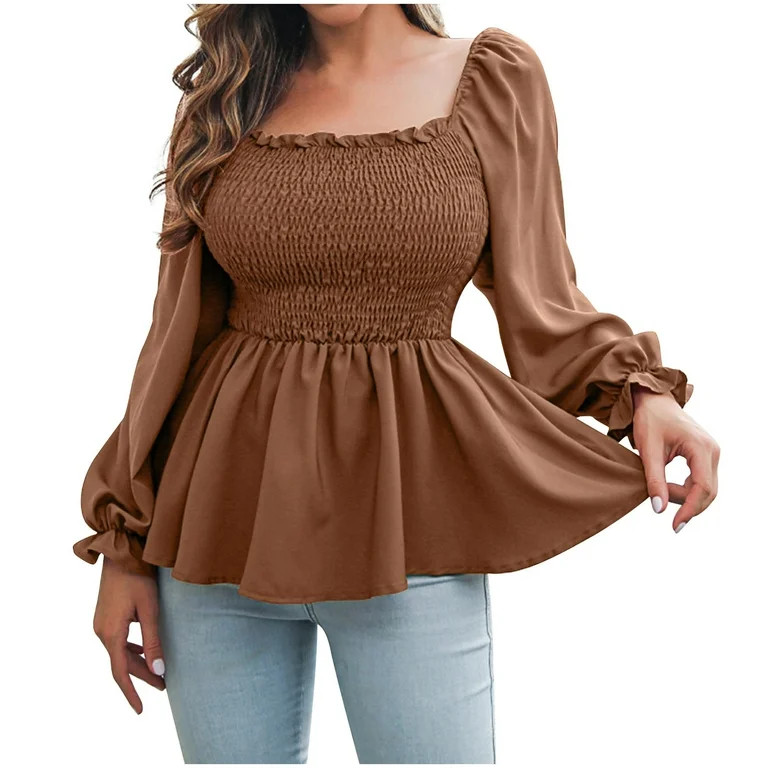 Womens Chiffon Smocked Peplum Tops Elegant Sexy Square Neck Long Sleeve Poet Shirt Fall Solid Cut... | Walmart (US)