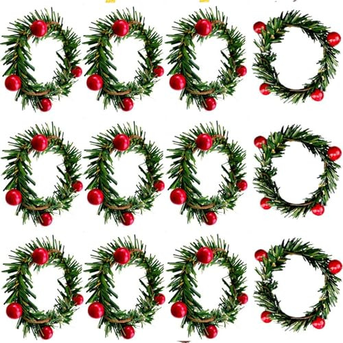 Angjiny 12PCS Christmas Napkin Rings Christmas Garland Napkin Holder Holly Berry Candle Wreath for Banquet Table Decorations | Amazon (US)