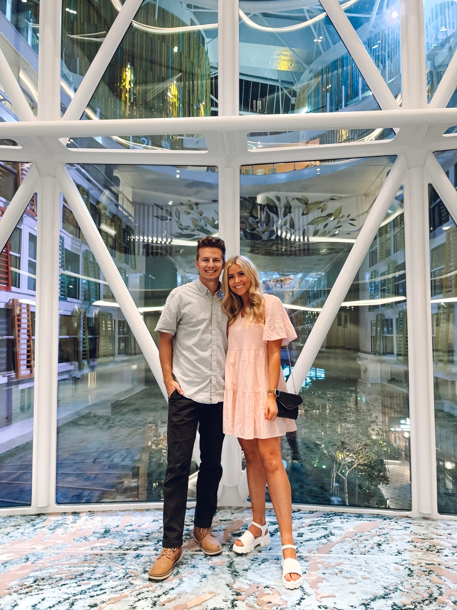 cruise dinner outfit! 
Dress: wearing M
Sandals: true to size 
Men’s outfit: true to size 

