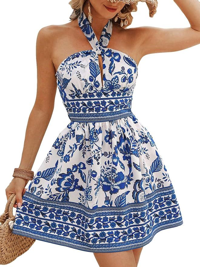 Floerns Women's Floral Print Sleeveless Halter Neck Tie Back Summer A Line Dress | Amazon (US)