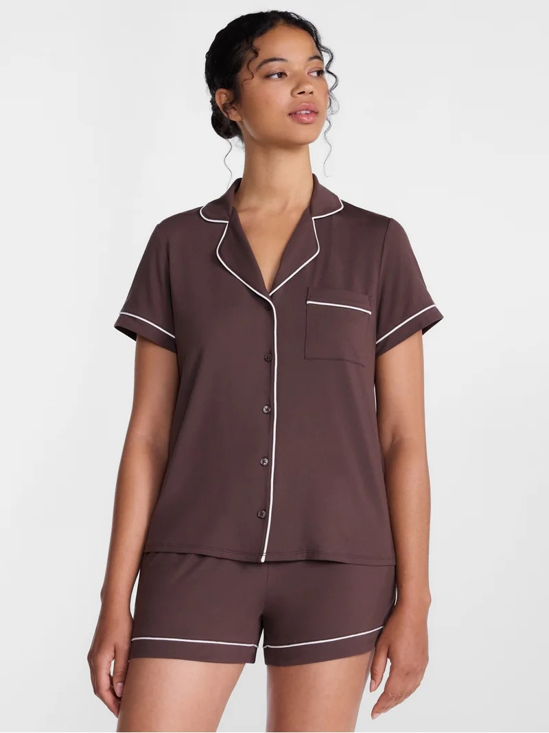 Joyspun Women\u2019s Dreamy Soft Collection Notch Collar Knit Top and Boxer Shorts, 2-Piece Pajam... | Walmart (US)