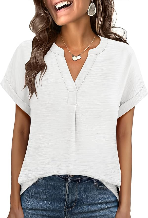 ANRABESS Women Summer Business Casual Tops Dressy V Neck Short Sleeve Chiffon Blouse Office Work ... | Amazon (US)