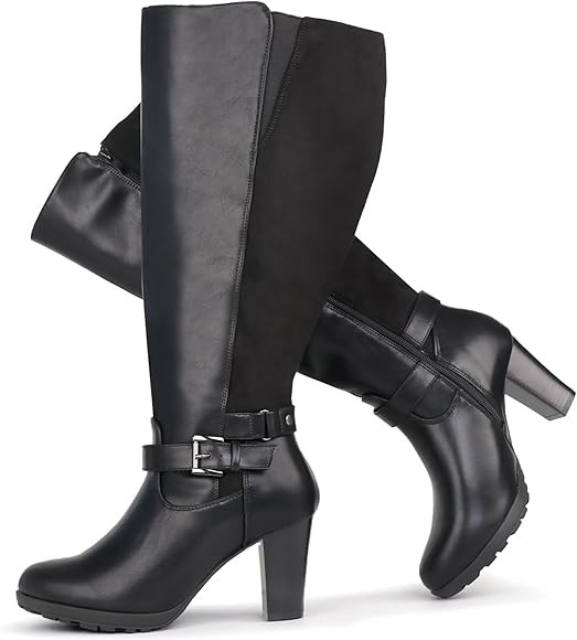 Chicblooms Damen-Stiefel in Übergröße, extra weiter Schaft, hoher Absatz, mit Knöchelschnalle | Amazon (DE)