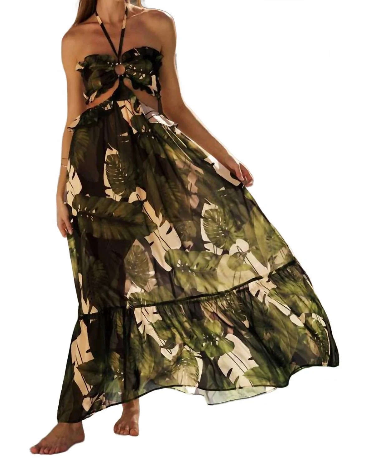 Tropical Palm Halter Maxi Dress In Green/ Black Multi | Shop Simon