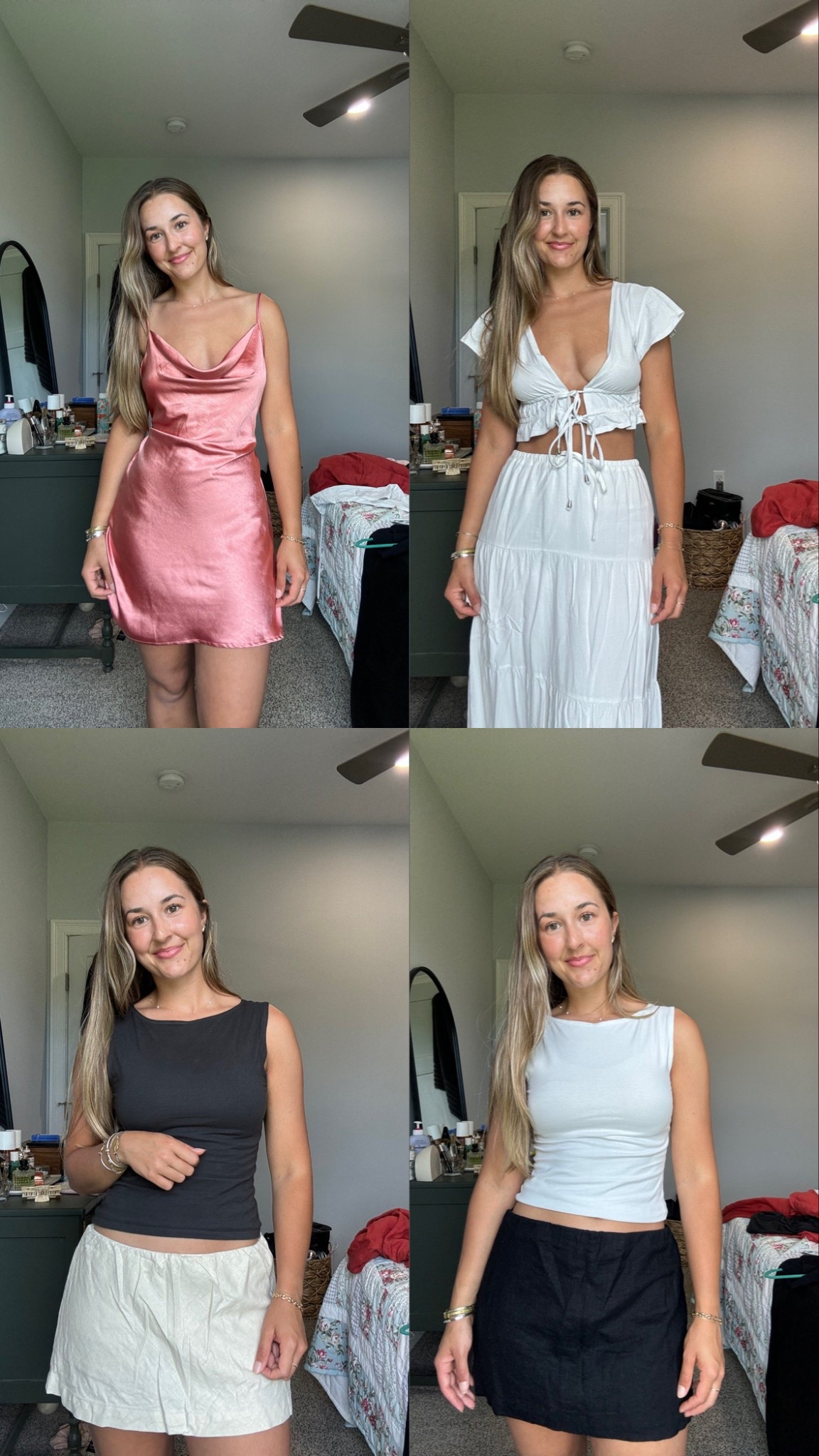 top left: thrifted motel dress - size S 
top right: top PP size US 2, skirt brandy melville 
bottom left: size M FP skort brandy tank 
bottom right: size M abercrombie skort (tailored at waist) brandy tank 

tanks in bottom are my most worn tanks!!!

#LTKSeasonal